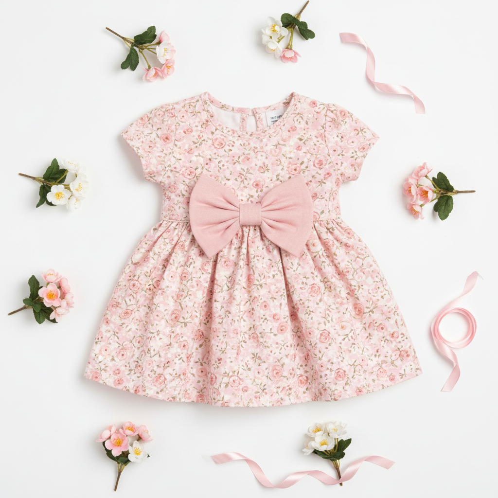 Flat lay of pink baby girl flower dress on white background