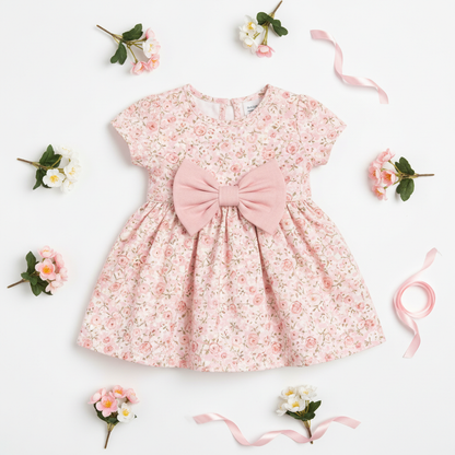 Flat lay of pink baby girl flower dress on white background