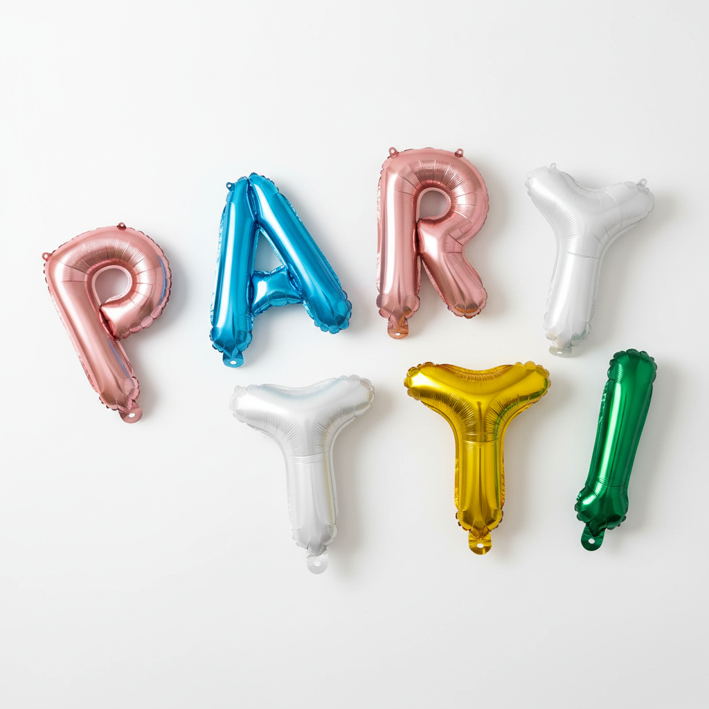 Flat lay of all 6 foil letter balloon colors pink blue rose gold milky white gold green