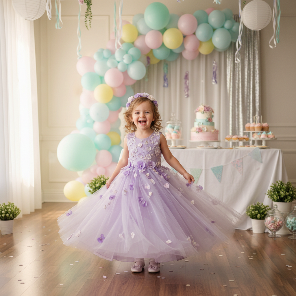 Little girl in lavender flower girl ball gown at birthday party