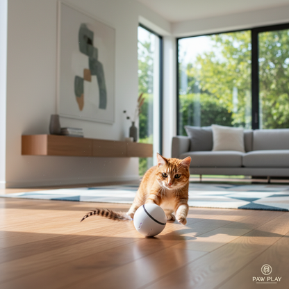Playful cat chasing a smart auto-rolling ball toy with faux tail