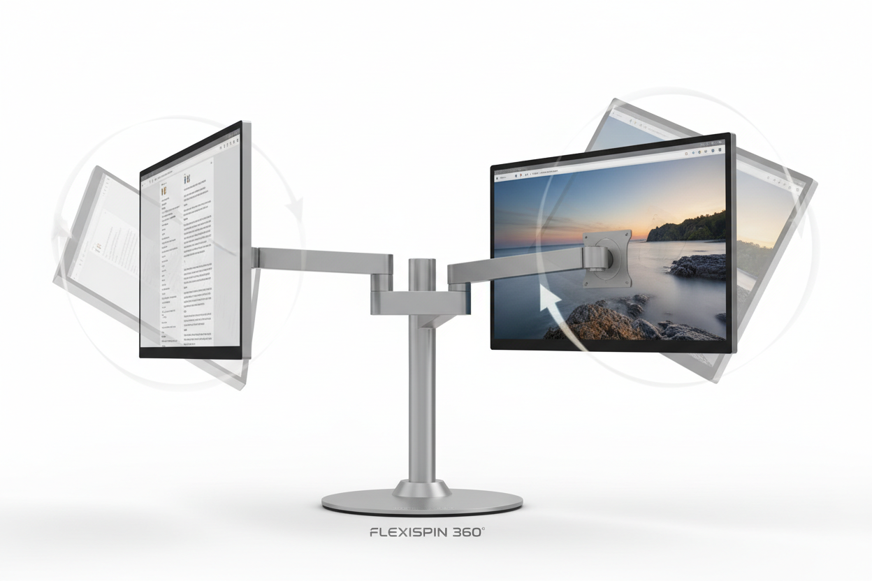 Dual monitor stand with portrait and landscape screen rotation