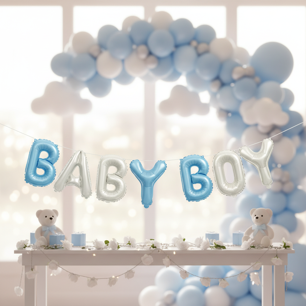Blue and milky white foil letter balloons spelling BABY BOY at baby shower