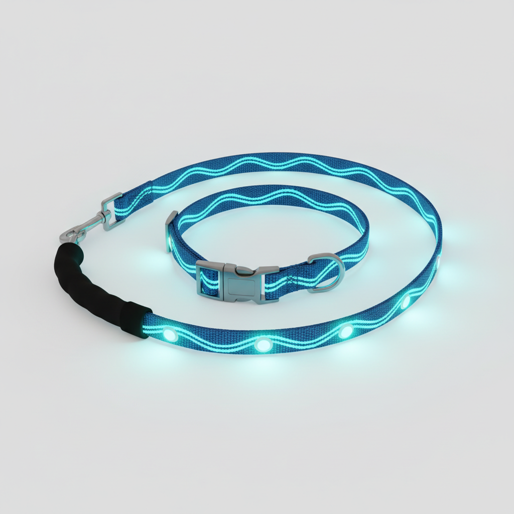 LED glow-in-the-dark dog leash and collar set for night safety
