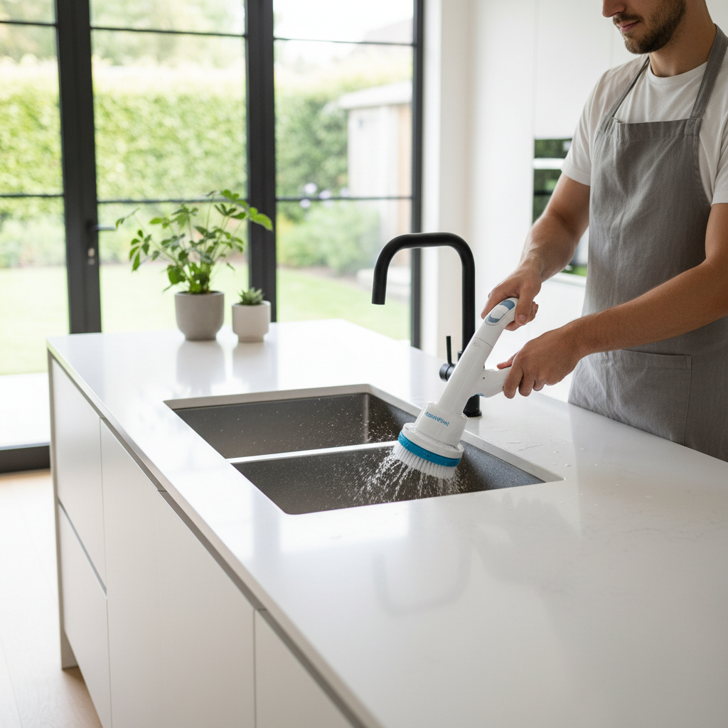Person using electric spin scrubber on kitchen sink