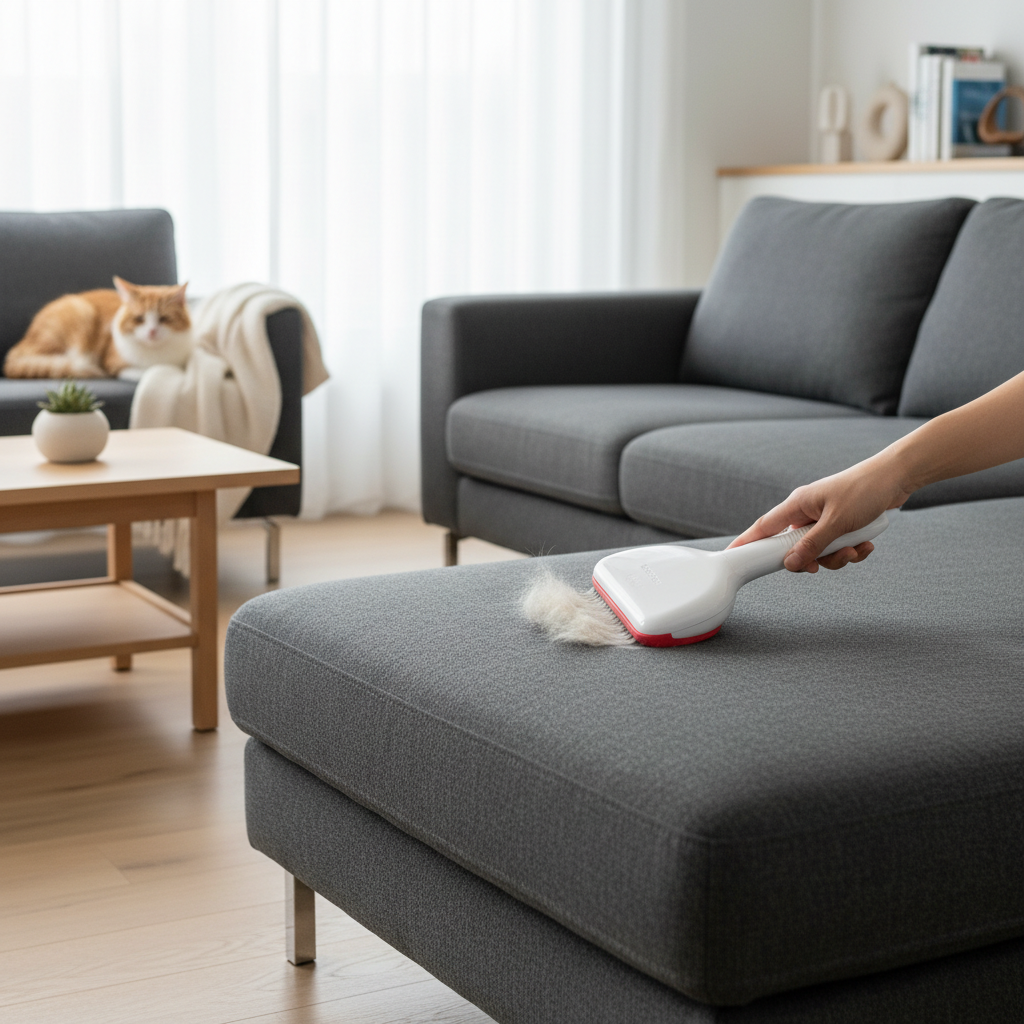 Pet hair remover on sofa removing cat fur