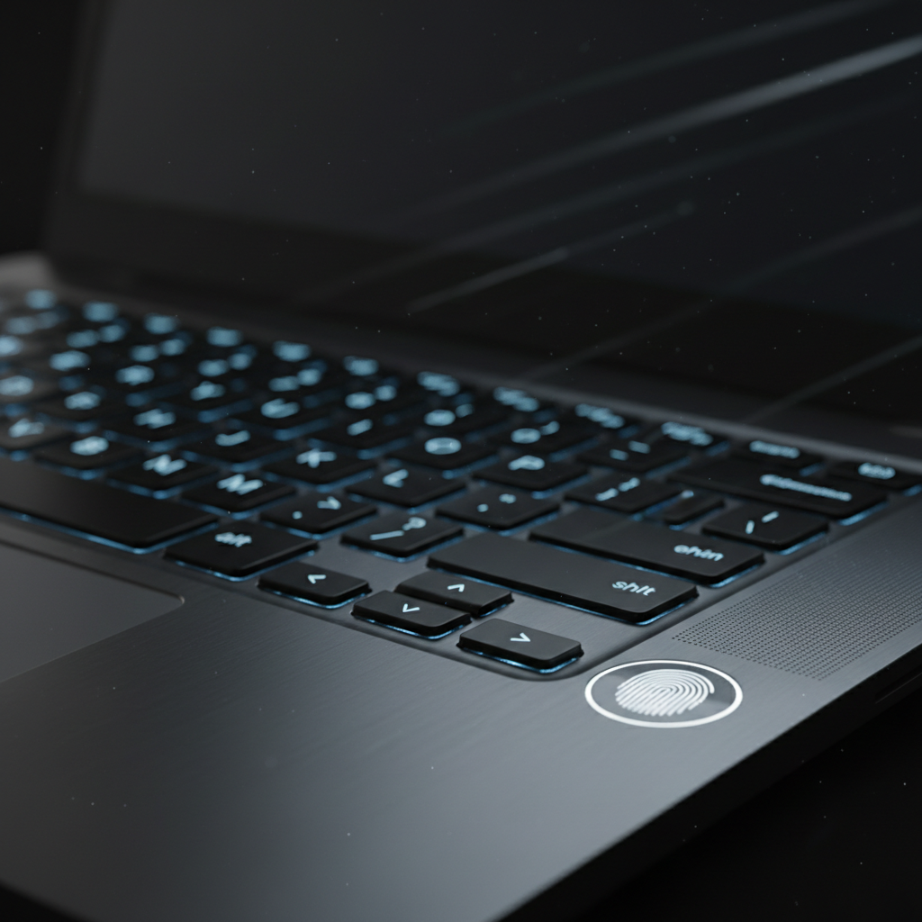 Laptop backlit keyboard with fingerprint sensor close-up