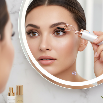Woman using electric heated eyelash curler at vanity