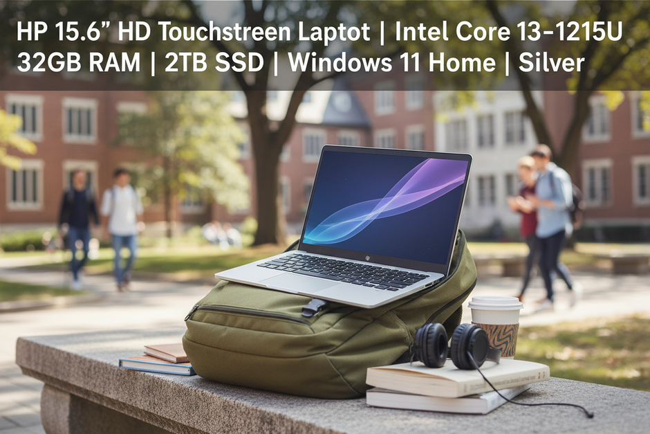 HP 15.6 inch touchscreen laptop in student backpack on campus
