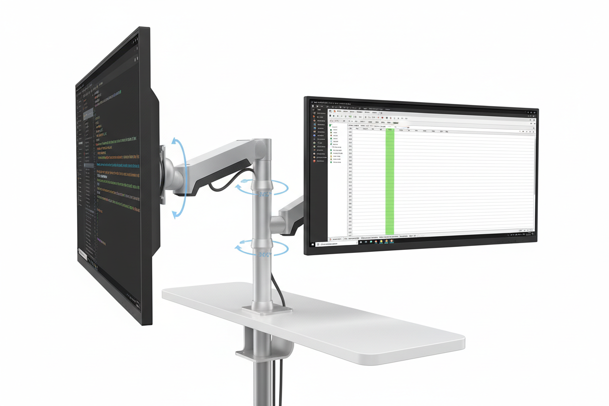 Dual monitor arm with portrait and landscape screen rotation