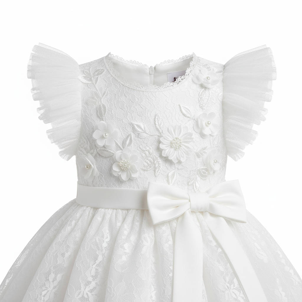 Close-up detail of white flower girl dress ruffle sleeves and bow decoration