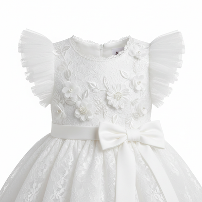 Close-up detail of white flower girl dress ruffle sleeves and bow decoration