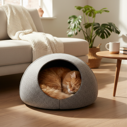 Cat curled up sleeping inside a cozy donut-shaped felt cat tunnel bed