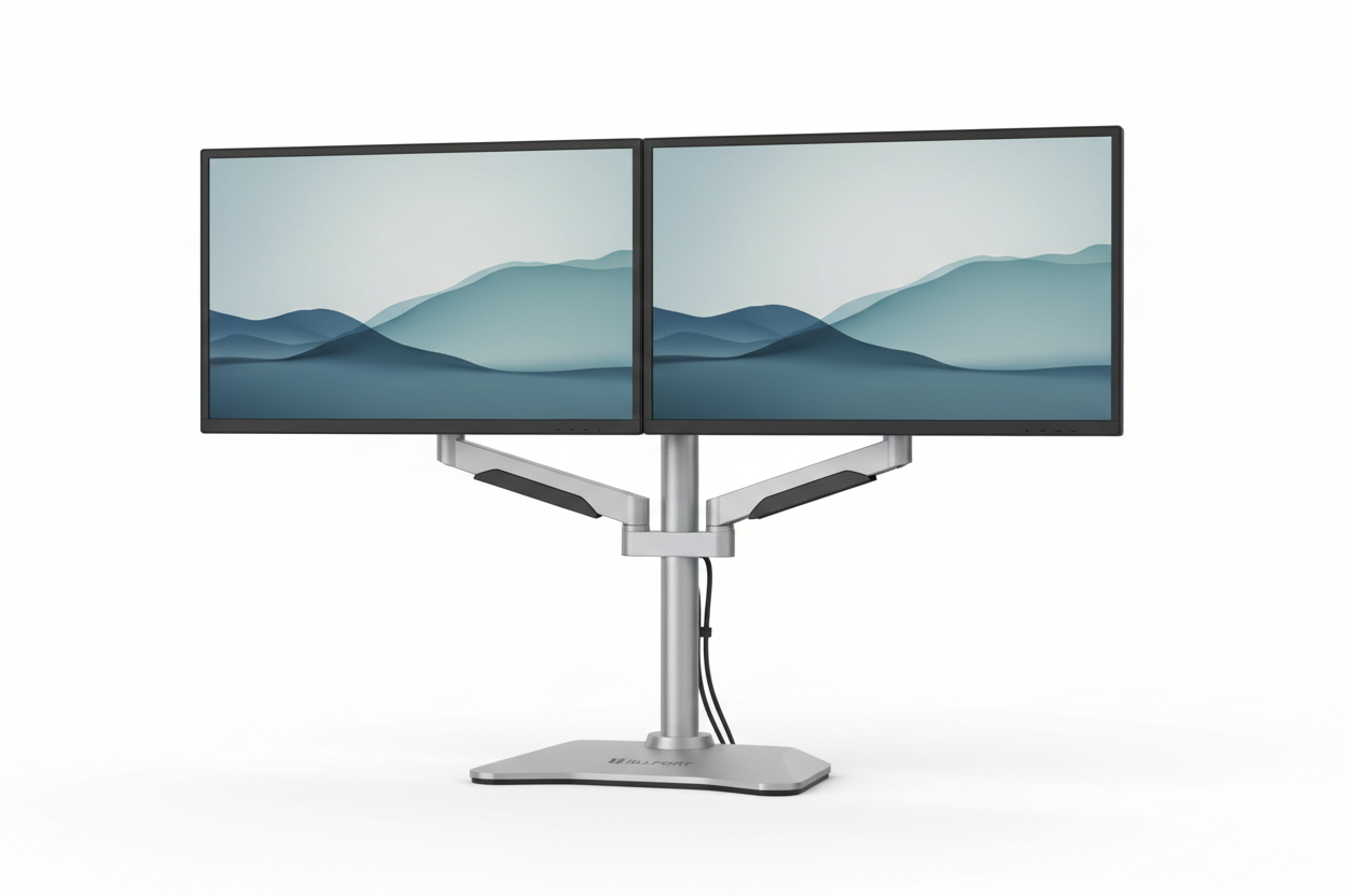 HILLPORT dual screen monitor stand with two LCD monitors white background