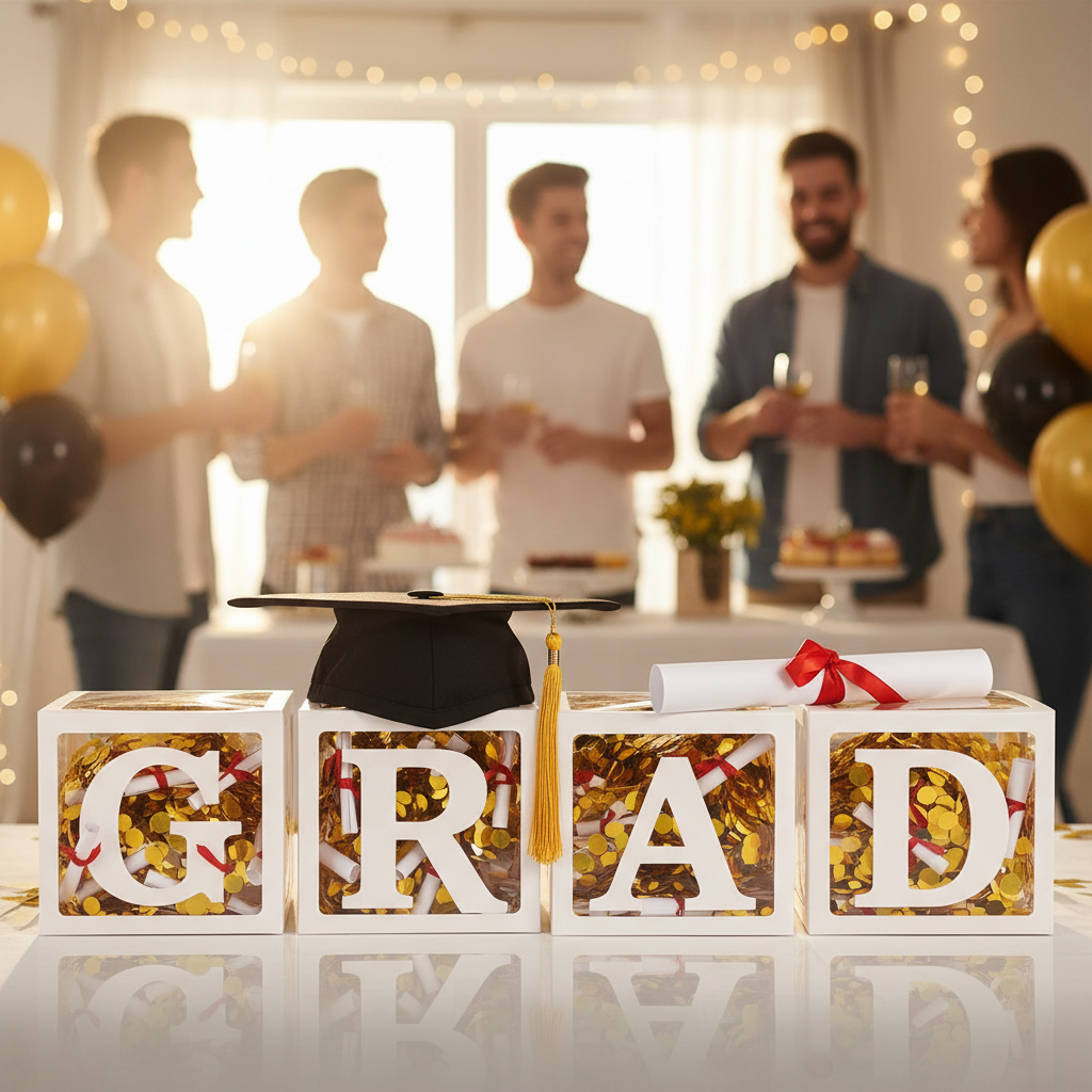 Transparent GRAD letter boxes with gold confetti for graduation party decoration