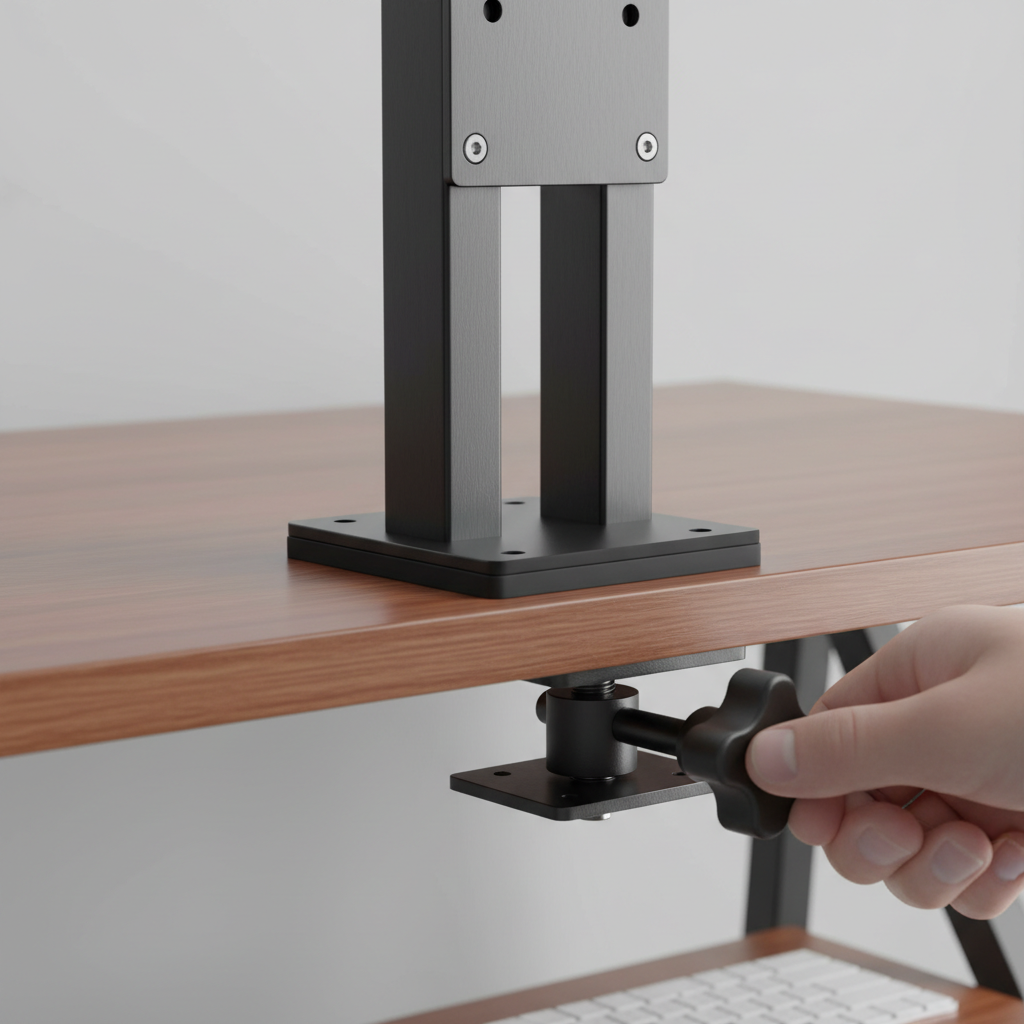Monitor stand desktop clamp base mounting mechanism close-up