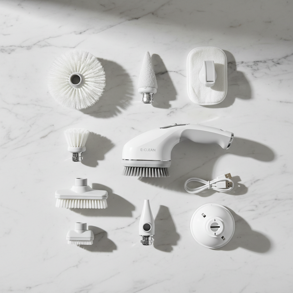 Electric spin scrubber product flat lay with brush heads