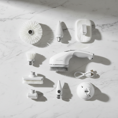 Electric spin scrubber product flat lay with brush heads