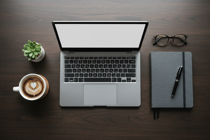 Gray laptop flat lay with notebook and coffee on dark wood desk