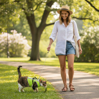Happy woman walking cat on leash outdoors wearing escape-proof reflective mesh cat harness