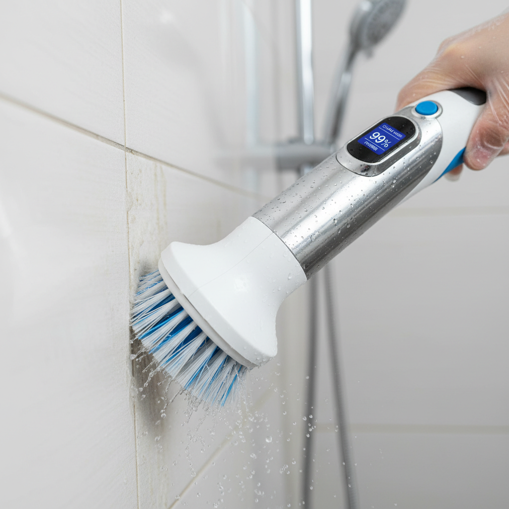 Electric spin scrubber cleaning grout lines