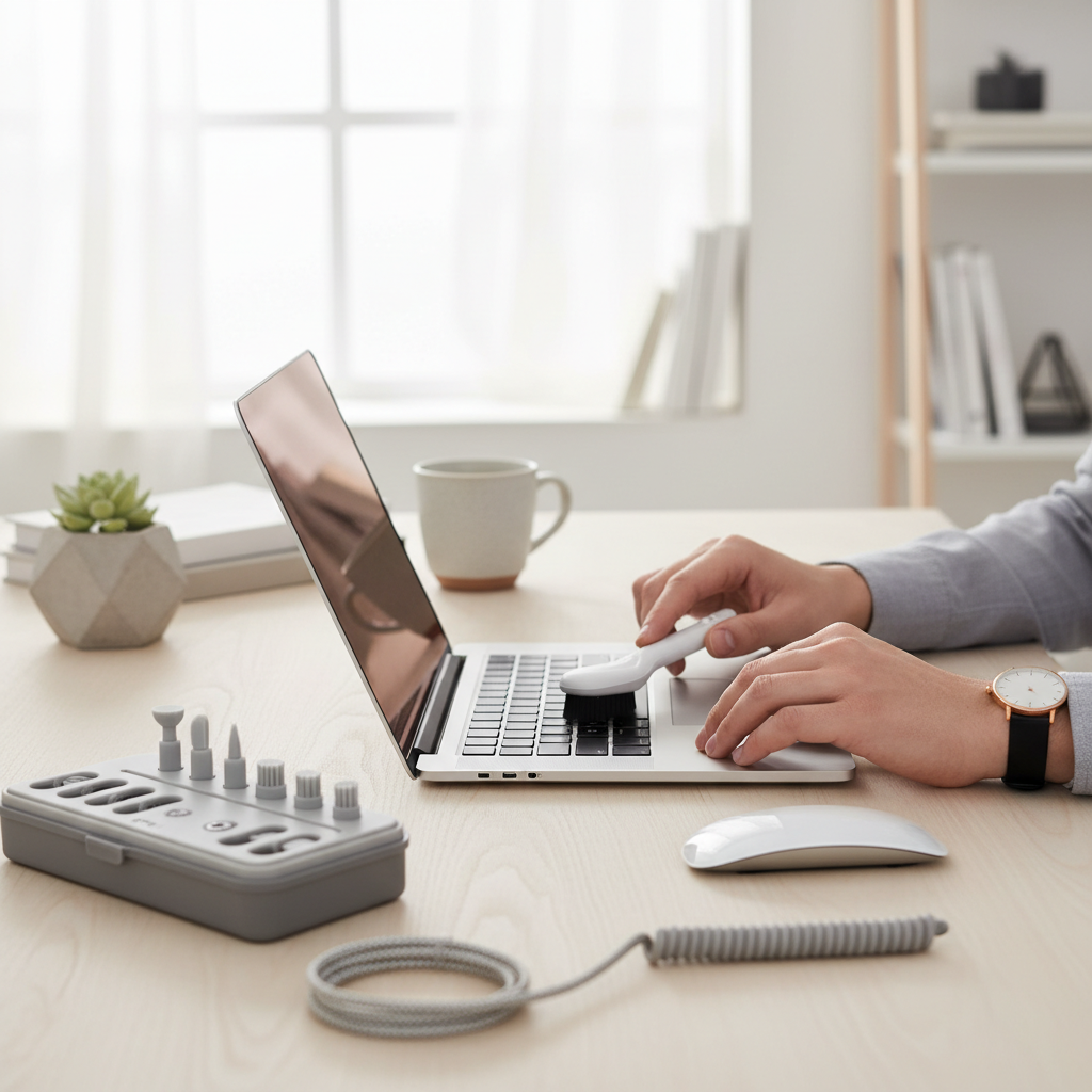 Person using a portable keyboard cleaning kit brush on a MacBook laptop