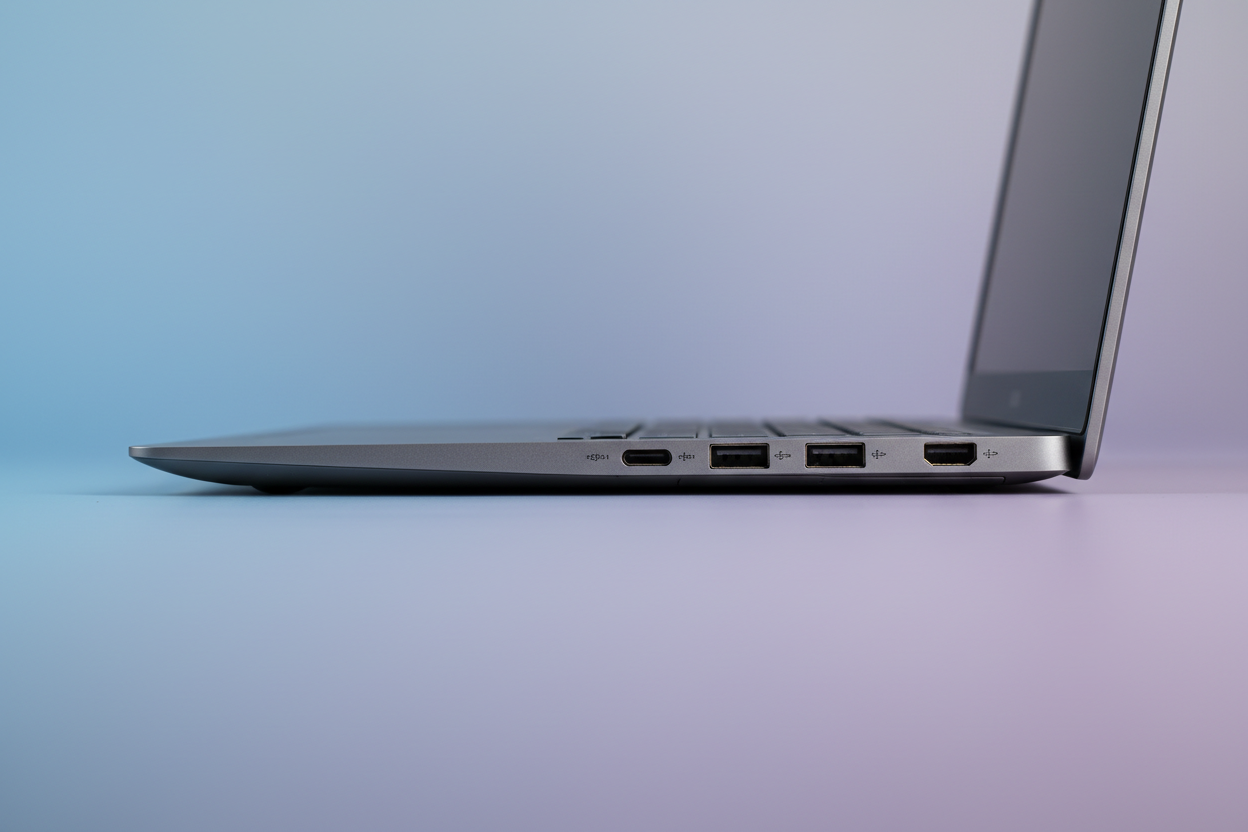 Slim gray laptop side profile showing ports and thin chassis