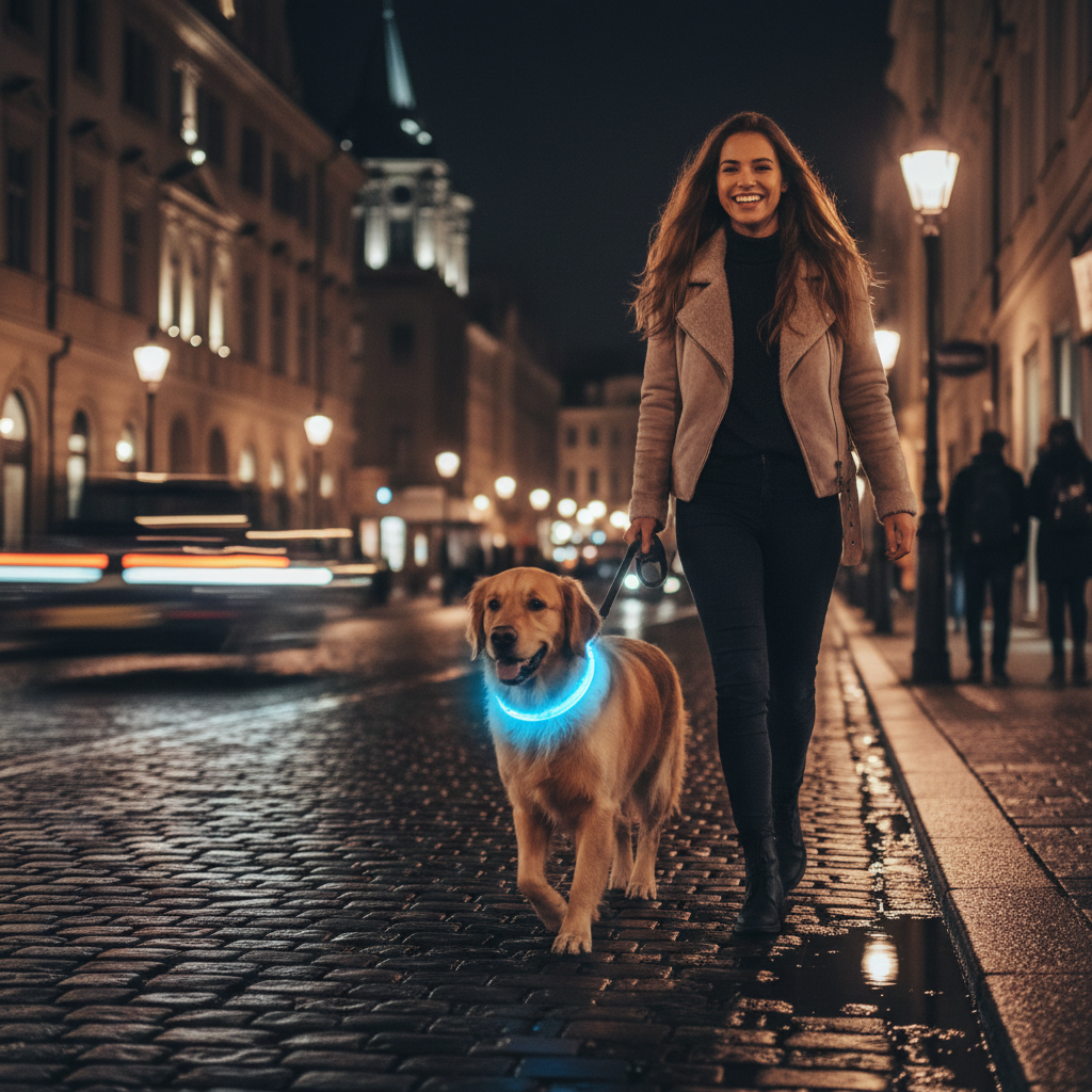 Happy young woman walking dog at night with glowing LED luminous collar lighting up the dark street