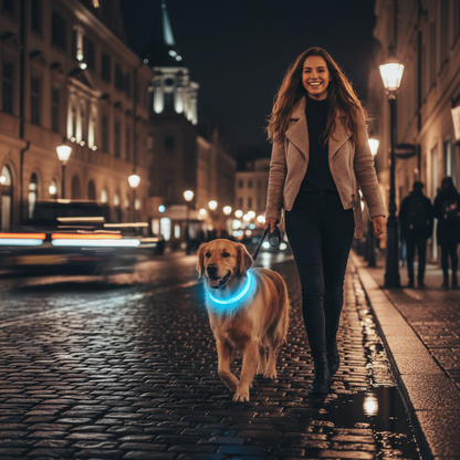 Happy young woman walking dog at night with glowing LED luminous collar lighting up the dark street