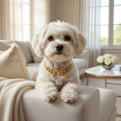 Cute small dog wearing luxury gold Cuban link chain collar necklace sitting elegantly
