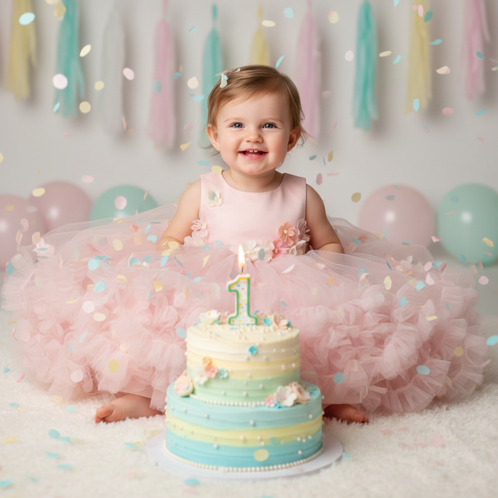 Toddler girl in pink ball gown at first birthday cake smash party