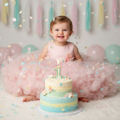 Toddler girl in pink ball gown at first birthday cake smash party