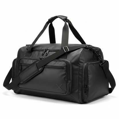 Waterproof black duffel bag white background