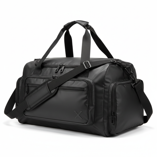 Waterproof black duffel bag white background