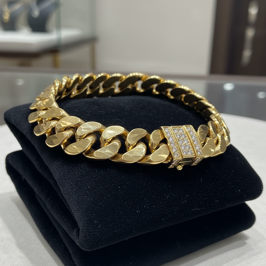 Gold Cuban link dog collar on black velvet display