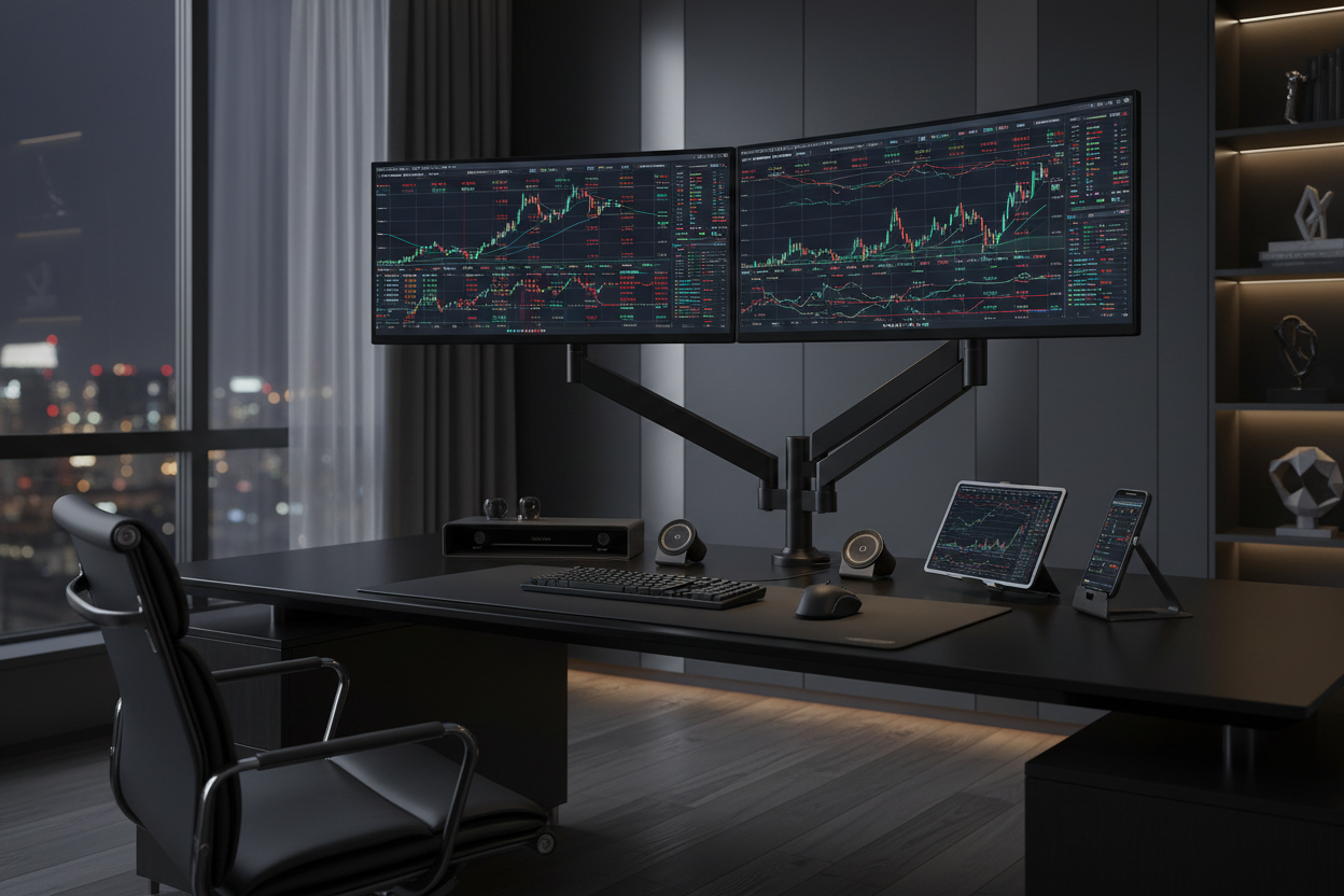 Professional trader workstation dual monitors on arm stand
