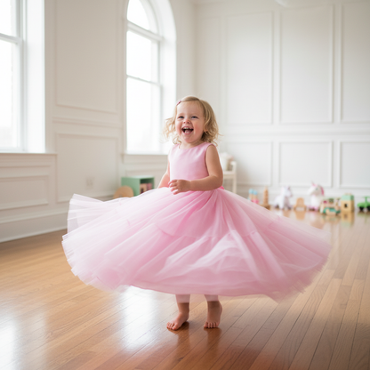 Toddler girl in pink ball gown twirling in bright airy room