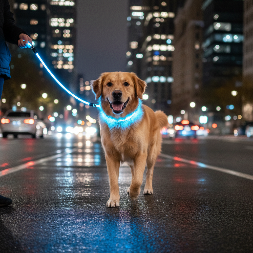 Dog wearing a glowing LED nylon leash and collar at night on a sidewalk