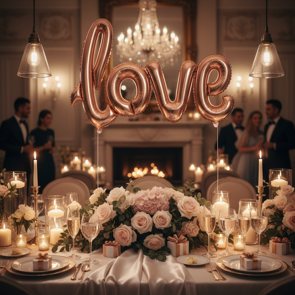 Gold and rose gold foil letter balloons spelling LOVE at anniversary party table