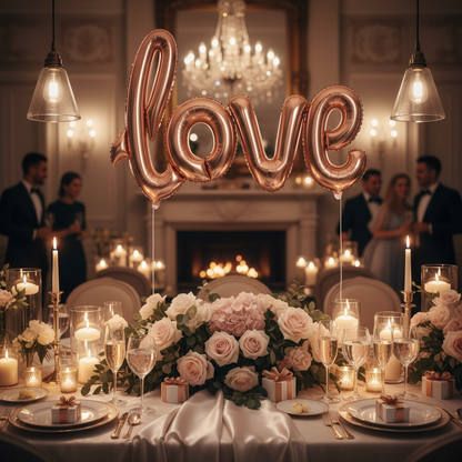 Gold and rose gold foil letter balloons spelling LOVE at anniversary party table