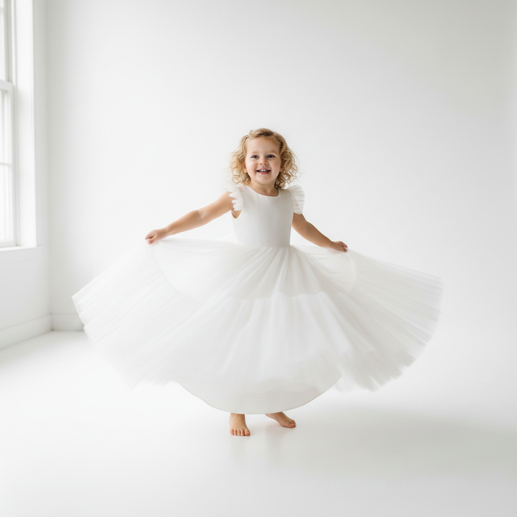 Toddler girl in white ruffle sleeve ball gown twirling in studio
