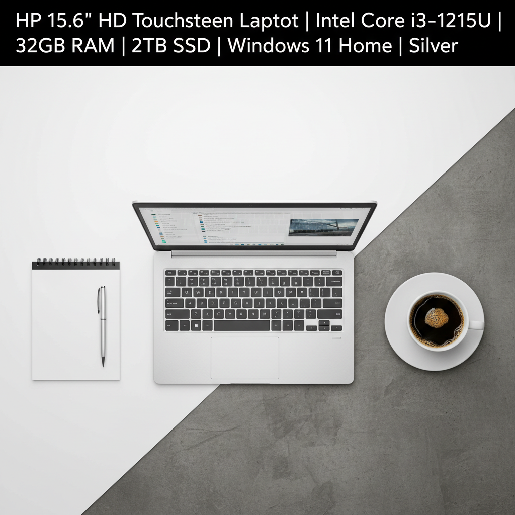 HP 15.6 inch touchscreen laptop flat lay with accessories