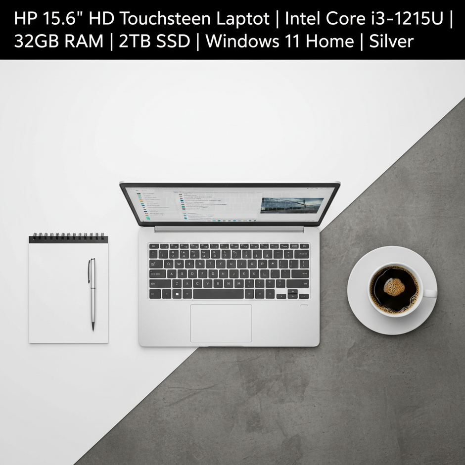 HP 15.6 inch touchscreen laptop flat lay with accessories