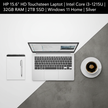 HP 15.6 inch touchscreen laptop flat lay with accessories