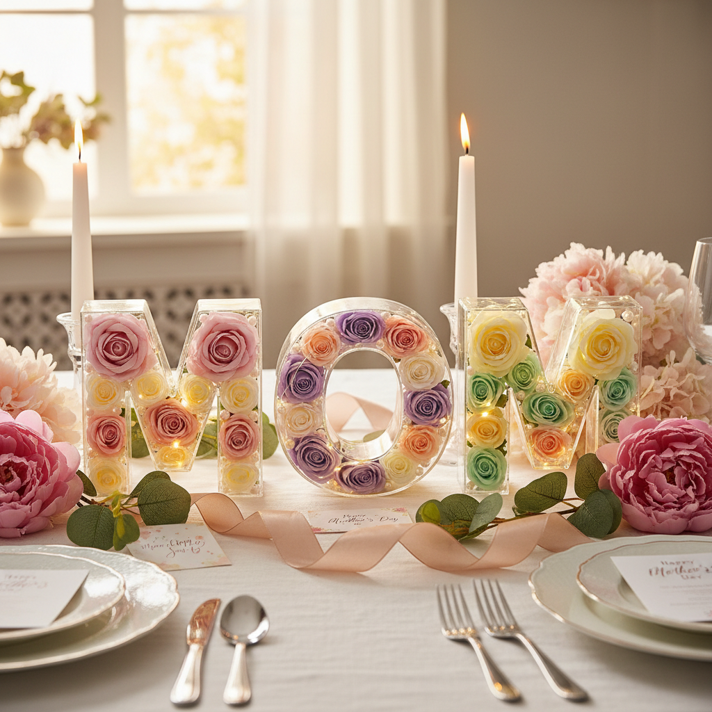Clear MOM letter boxes with flowers and candles for Mother's Day