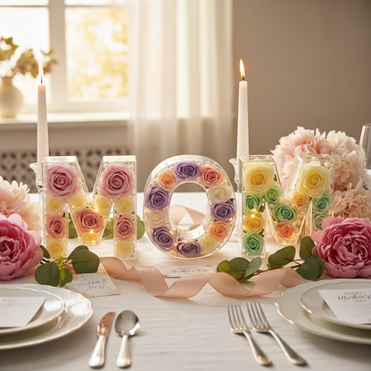 Clear MOM letter boxes with flowers and candles for Mother's Day