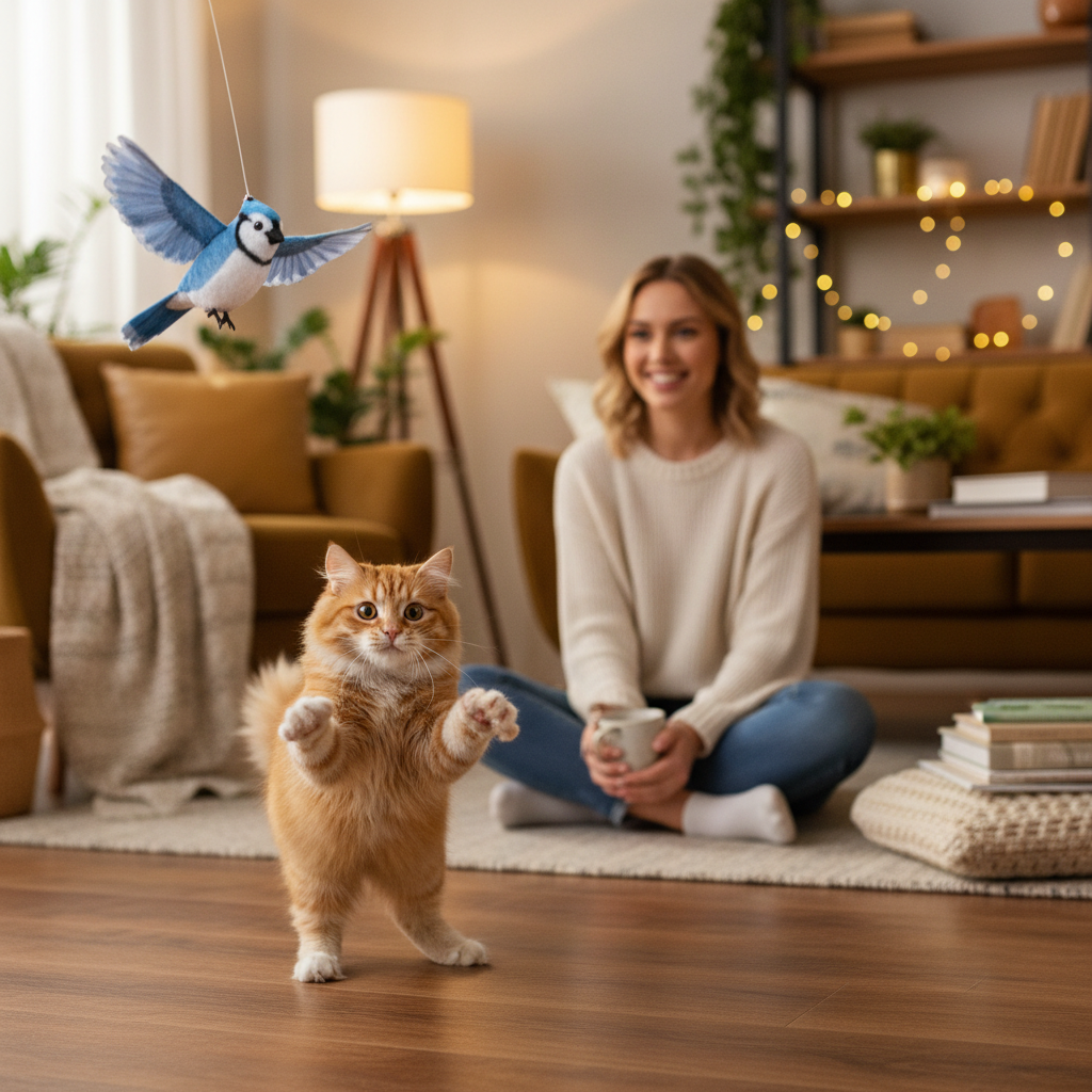 Playful cat excitedly chasing USB rechargeable flapping bird plush toy