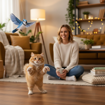 Playful cat excitedly chasing USB rechargeable flapping bird plush toy