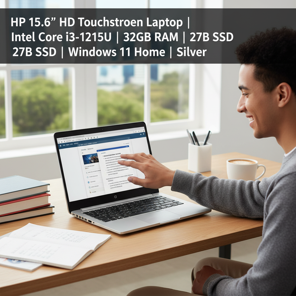 Student using HP 15.6 inch touchscreen laptop at desk