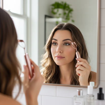Woman with lifted lashes using electric curler in bathroom